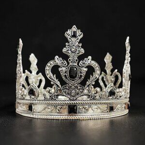 Silver king crown, black stone crown, wedding crown, renaissance medieval crown